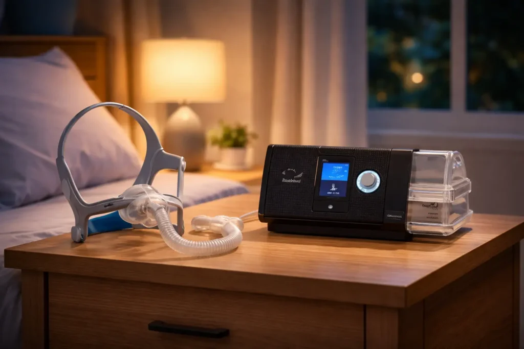 Mascarilla y CPAP como tratamientos de la apnea del sueño en un dormitorio